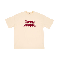 Beige t-shirt with 'love people.' text on a white background