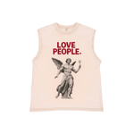 Beige sleeveless shirt with statue graphic and 'LOVE PEOPLE.' text on a white background