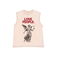 Beige sleeveless shirt with statue graphic and 'LOVE PEOPLE.' text on a white background