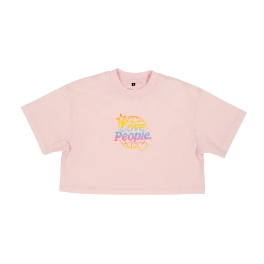 Pink t-shirt with colorful graphic and text on a white background