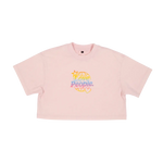Pink t-shirt with colorful graphic and text on a white background