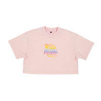 Pink t-shirt with colorful graphic and text on a white background