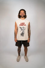 Man wearing a tank top with 'Love People' text and graphic on a plain background