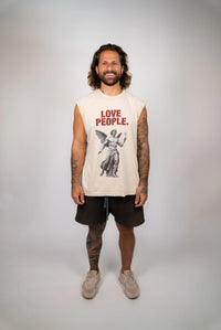Man wearing a tank top with 'Love People' text and graphic on a plain background