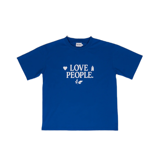 Blue t-shirt with 'LOVE PEOPLE.' text on a white background