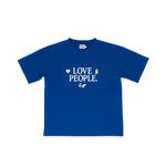 Blue t-shirt with 'LOVE PEOPLE.' text on a white background
