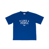Blue t-shirt with 'LOVE PEOPLE.' text on a white background