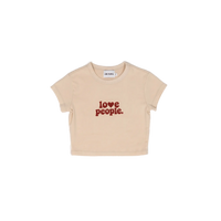 Beige t-shirt with 'love people.' text on a white background