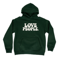 Green hoodie with 'LOVE PEOPLE.' text on a white background
