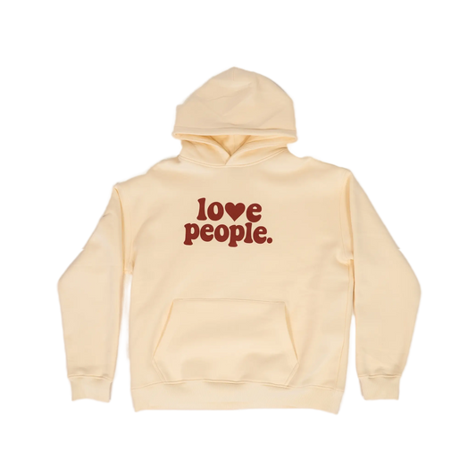 Beige hoodie with 'love people' text on a white background