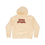 Beige hoodie with 'love people' text on a white background