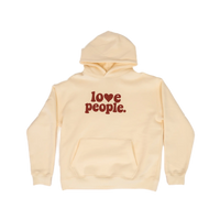 Beige hoodie with 'love people' text on a white background